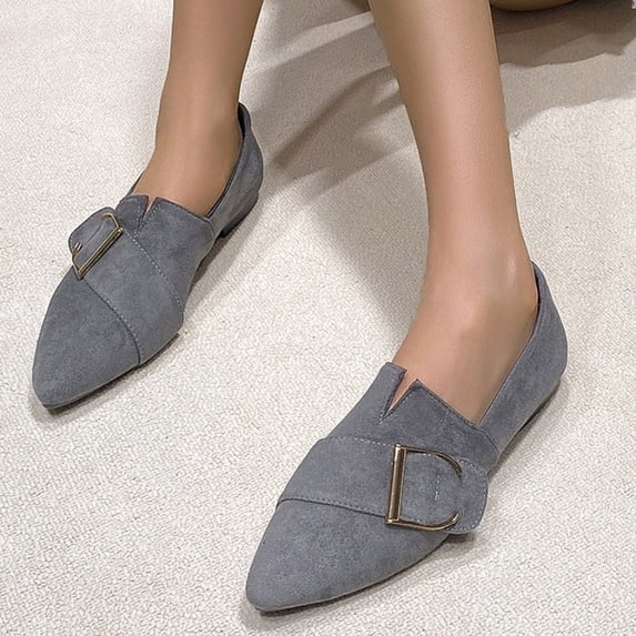 Samdudou Flat Shoes for Women Closed Toe Pointed Front Slip On Loafers Faux Suede Texture Bold Metallic Buckle Strap Detail Chic Dressy Footwear for Formal Events