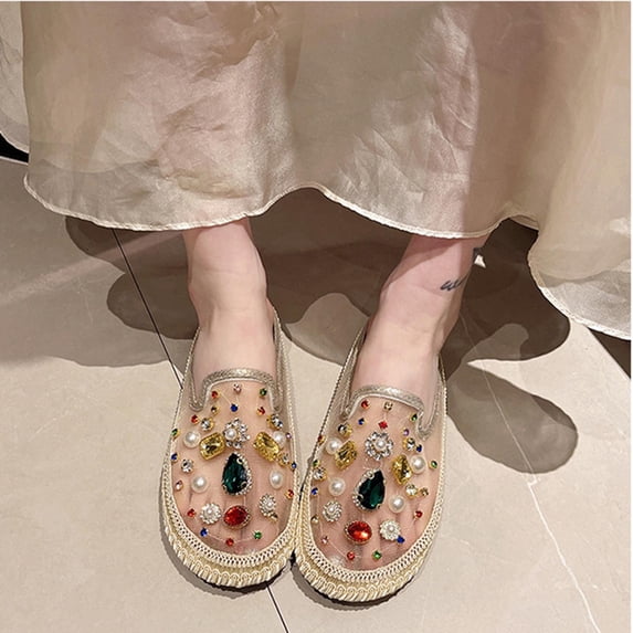 Samdudou Flat Shoes for Women Closed Toe Slip On Loafers Transparent Mesh Upper Highly Embellished with Sparkling Rhinestones and Faux Pearls Statement Footwear