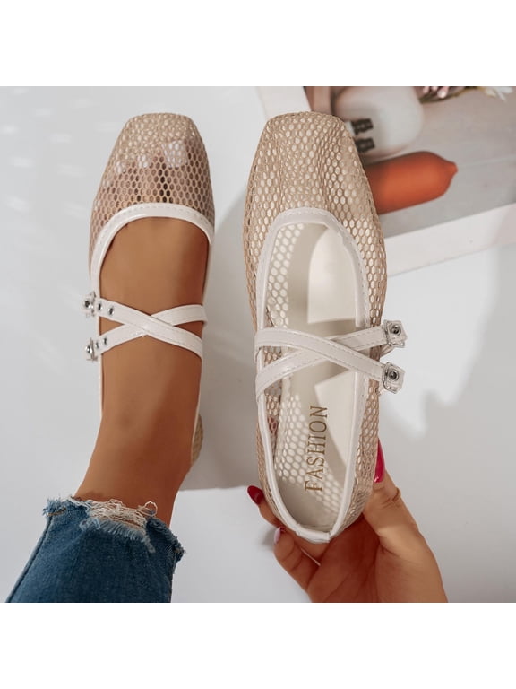 Flat Shoes for Women Closed Toe Square Design Breathable Mesh Upper Double Criss Cross Straps Studded Rivet Slip On Casual Summer Vacation Dressy Footwear