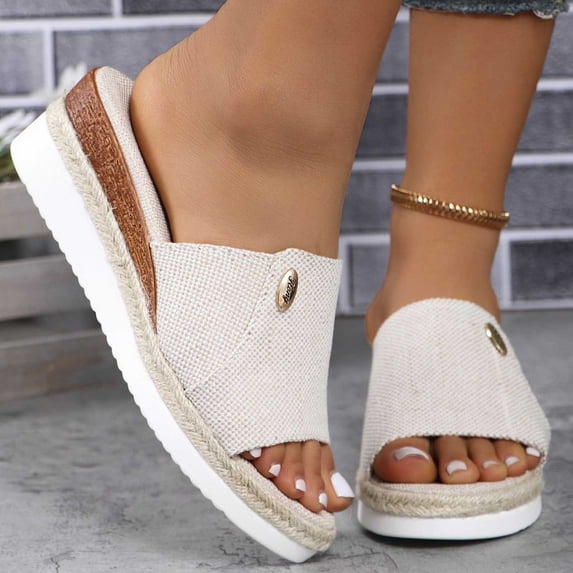 Samdudou Flatform Wedges for Women Open Toe Slip On Slide Sandals Wide Single Band Denim Texture Espadrille Sole Casual Summer Everyday Walking Vacation Mules