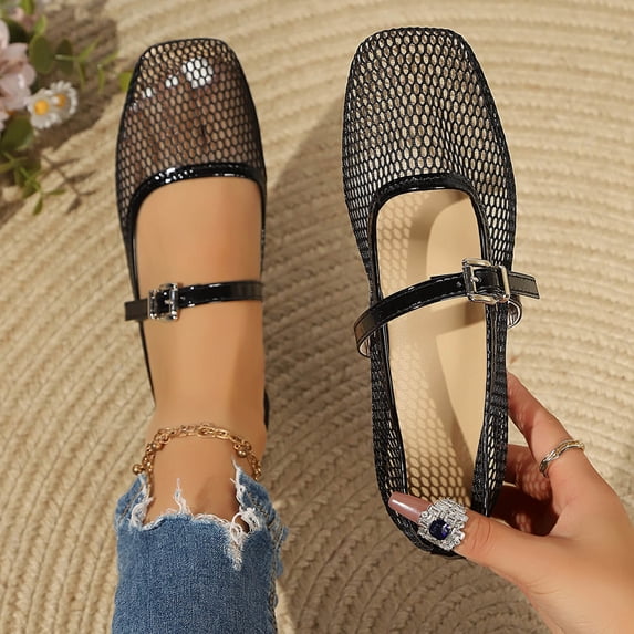 Samdudou Flats for Women Closed Toe Square Toe Mary Jane Shoes Sheer Fishnet Mesh Upper with Glossy Buckle Strap Dressy Casual Daily Loafers