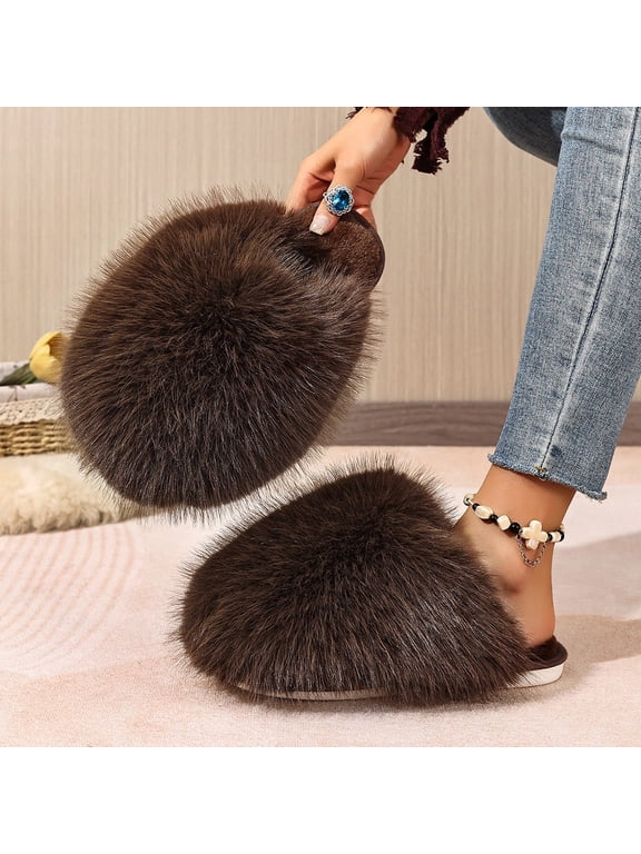 Fluffy House Shoes Womens Closed Toe Long Faux Fur Mules Elegant Slip On Scuffs Warm Winter Indoor Bedroom Lounge Slides