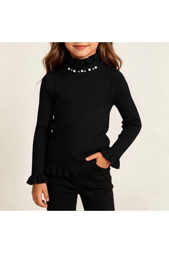 Girls Fall Winter Sweaters Classic Mock Neck Ribbed Knit Tops Casual Long Sleeve Pullover T Shirts Essential Warm Base Layer for Daily Outdoor Play School Wear