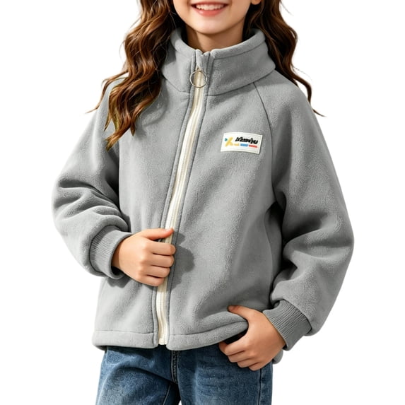 Samdudou Girls Fleece Jackets Stand Collar Zip Up Tops Fall Winter Warm Outerwear Cozy Plush Long Sleeve Casual Jacket Play School Holiday Clothing Basic Gear with Pockets Size 1-13 Years