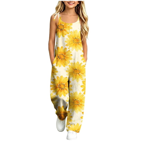 Samdudou Girls Jumpsuits Tie Shoulder Strap Sleeveless Rompers Vibrant Floral Botanical Print Wide Leg Overalls with Pockets Casual One Piece Playwear Pants for kid Size 5-14 Years