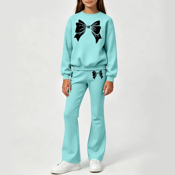 Samdudou Girls Sweatsuit 2 Piece Outfit Long Sleeve Pullover Sweatshirt and Flare Pants Set Cute Bowknot Graphic Loungewear Fall Winter Fashion Clothes