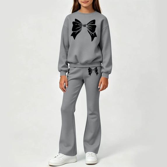Samdudou Girls Sweatsuit 2 Piece Outfit Long Sleeve Pullover Sweatshirt and Flare Pants Set Cute Bowknot Graphic Loungewear Fall Winter Fashion Clothes