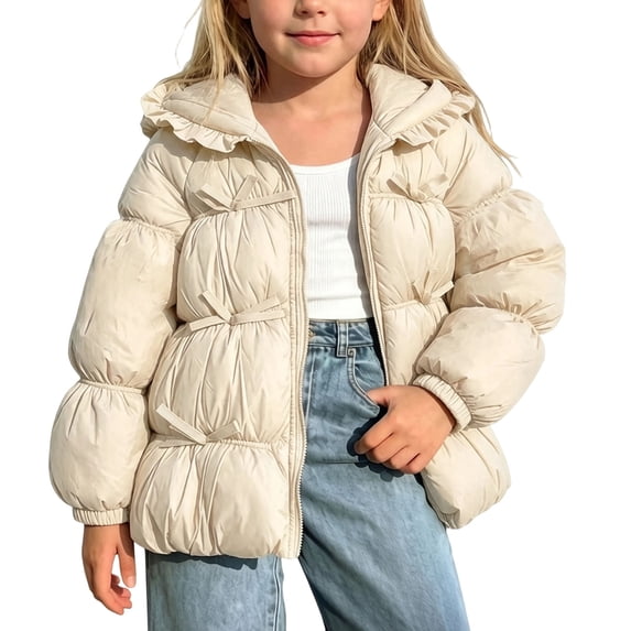 Samdudou Girls Winter Puffer Jacket Ruffle Trim Hood Cute Bowknot Warm Coat Solid Thick Outerwear Long Sleeve Zip Coats for Snow Days Outdoor Travel Size 1-8 Years