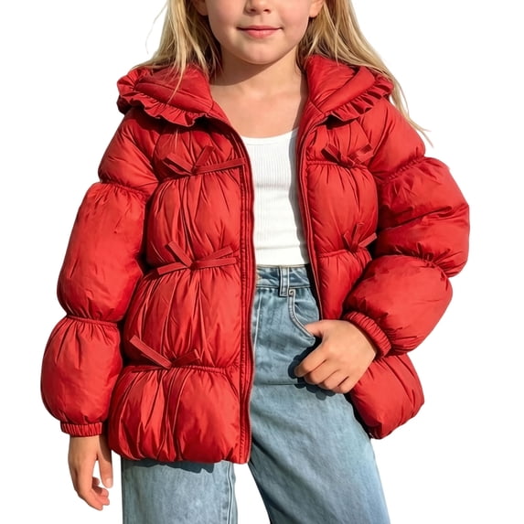 Samdudou Girls Winter Puffer Jacket Ruffle Trim Hood Cute Bowknot Warm Coat Solid Thick Outerwear Long Sleeve Zip Coats for Snow Days Outdoor Travel Size 1-8 Years