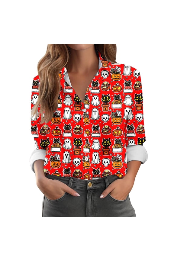 Halloween Shirts for Women Plus Size Candy Corn Print Long Sleeve Button Down Festive Holiday Tops Sweet Spooky Season Party Costumes