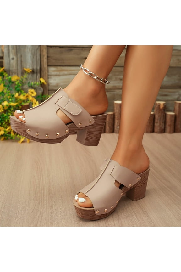 Heeled Mules for Women Open Toe Chunky Faux Wooden Block Heel Slide Sandals Retro Studded Rivets Cutout Details Casual Summer Vacation Walking Shoes