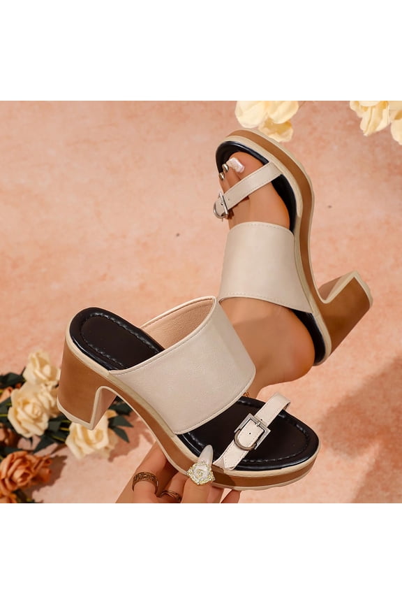 Heeled Sandals for Women Open Toe Slip On Mules Chunky Block Heel Dressy Slides with Side Buckle Accent Evening Party Wedding Guest Footwear Summer Shoes