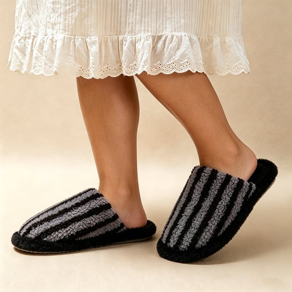 Samdudou House Slippers for Women Fuzzy Striped Pattern Closed Toe Slip On Plush Warm Indoor Bedroom Flat Footwear for Daily Home Lounging