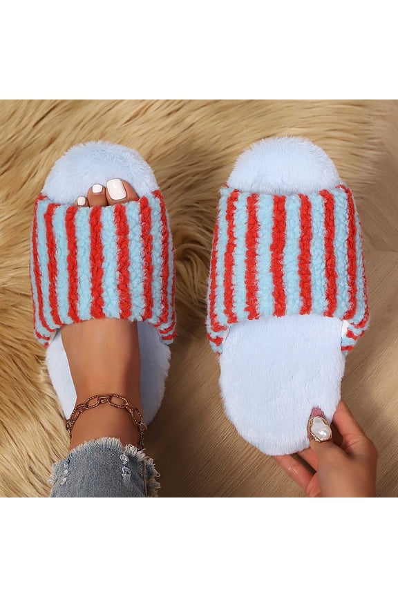 House Slippers for Women Open Toe Fuzzy Striped Wide Band Slip On Scuff Plush Bedroom Slides Winter Indoor Lounge Footwear