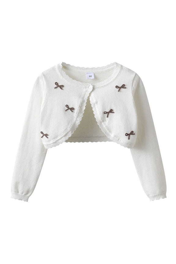 Kids Cardigan Mini Bowknot Design Cropped Shrug Scalloped Trim Long Sleeve Sweaters Cover Up Cute Princess Formal Layering Garments