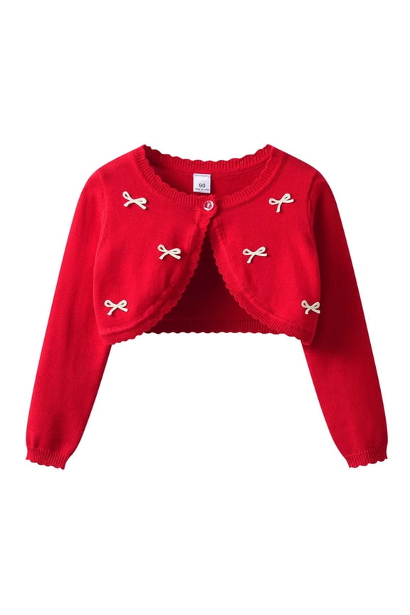 Kids Cardigan Mini Bowknot Design Cropped Shrug Scalloped Trim Long Sleeve Sweaters Cover Up Cute Princess Formal Layering Garments
