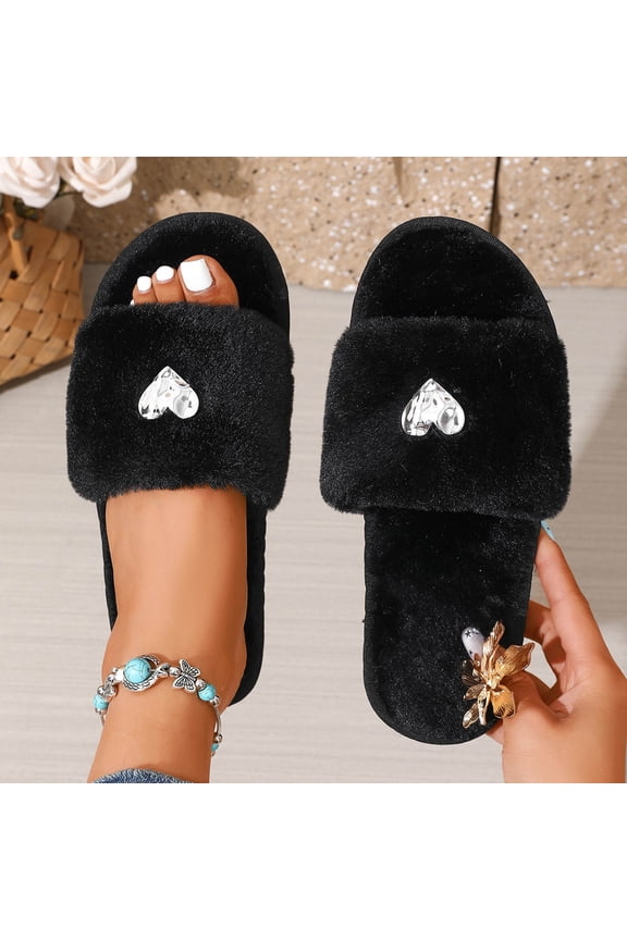 Ladies Slippers Open Toe Faux Fur Slides Fuzzy House Shoes Metal Heart Decor Plush Slip On Bedroom Scuff Elegant Footwear