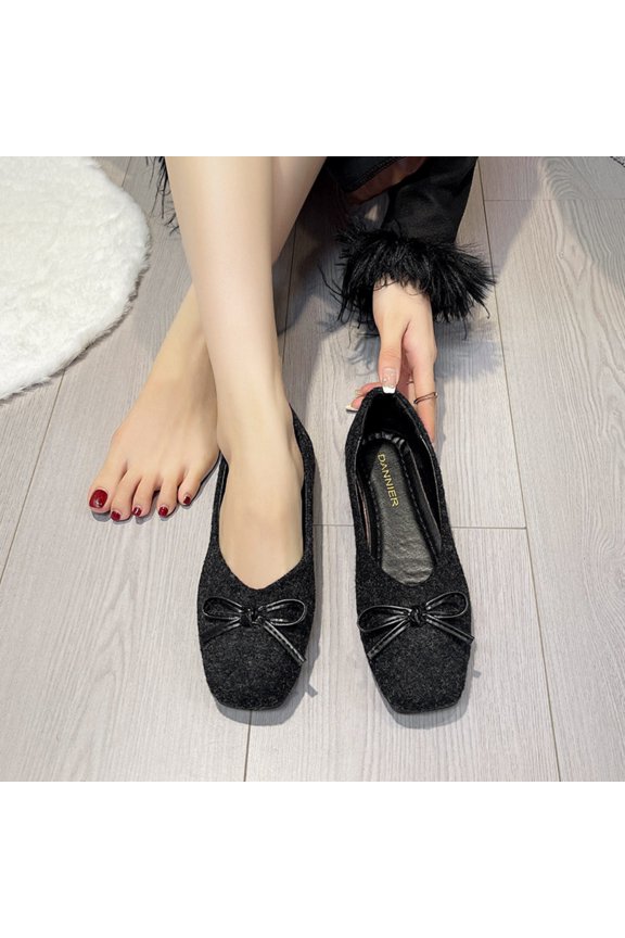 Loafers for Women Closed Toe Square Front Slip On Ballet Flats Cozy Textured Fuzzy Upper Sweet Bowknot Detailing Casual Minimalist Shoes for Daily Wear