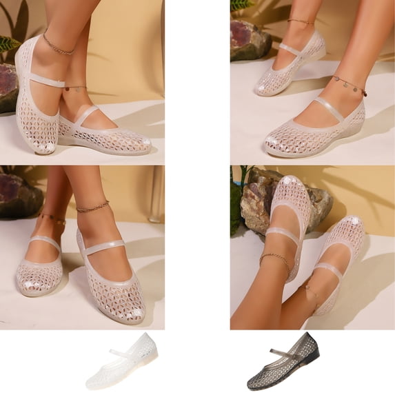 Samdudou Mary Jane Shoes for Women Closed Toe Hollow Out Jelly Flats Adjustable Buckle Strap Slip On Casual Summer Beach Vacation Sandals Water Friendly Lightweight Footwear