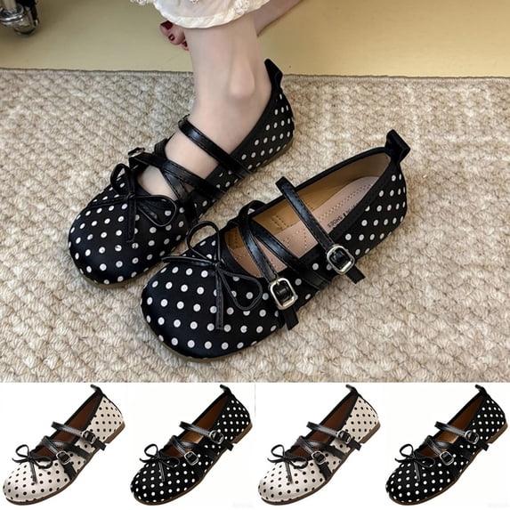 Samdudou Mary Janes Shoes for Women Closed Toe Round Front Multiple Criss Cross Buckle Straps Sweet Bowknot Decor Polka Dot Print Casual Walking Everyday Footwear