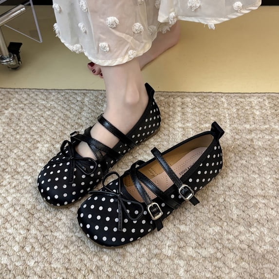 Samdudou Mary Janes Shoes for Women Closed Toe Round Front Multiple Criss Cross Buckle Straps Sweet Bowknot Decor Polka Dot Print Casual Walking Everyday Footwear