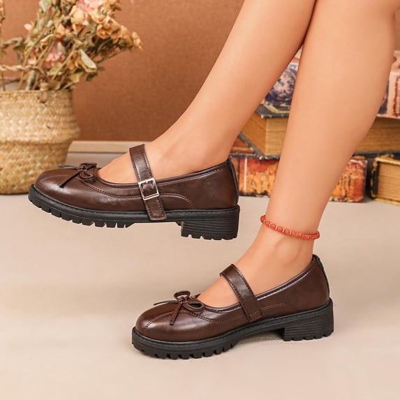 Samdudou Mary Janes Shoes for Women Closed Toe Round Front Sweet Bowknot Decor Adjustable Buckle Strap Chunky Sole Preppy Style Casual School Walking Everyday Footwear