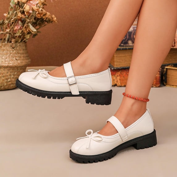 Samdudou Mary Janes Shoes for Women Closed Toe Round Front Sweet Bowknot Decor Adjustable Buckle Strap Chunky Sole Preppy Style Casual School Walking Everyday Footwear