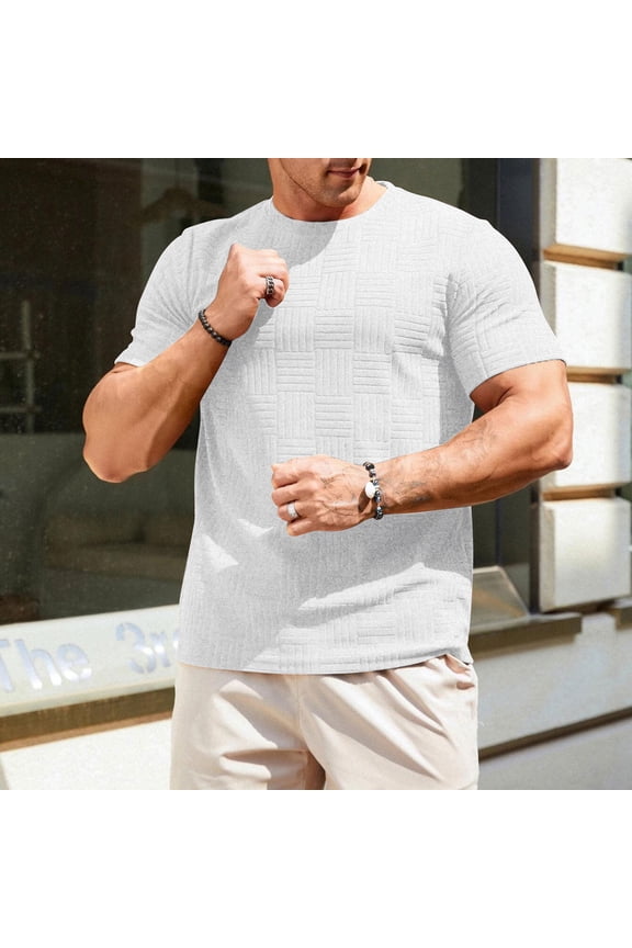 Men's T-Shirts Short Sleeve Crew Neck Textured Grid Patterned Summer Fashion Basic Breathable Versatile Casual Streetwear