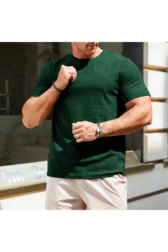 Men's T-Shirts Short Sleeve Crew Neck Textured Grid Patterned Summer Fashion Basic Breathable Versatile Casual Streetwear