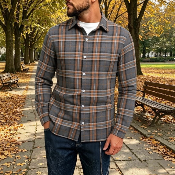Samdudou Mens Long Sleeve Shirts Plaid Flannel Button Up Casual Autumn Outerwear Classic Windowpane Check Pattern Daily Streetwear
