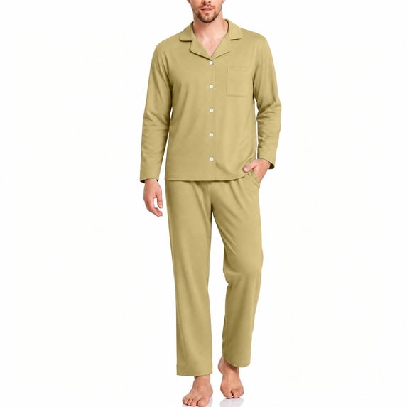 Samdudou Mens Pajamas Set Long Sleeve Button Down Sleepwear Classic Notch Collar Solid Two Piece Lounge Suit Pjs for Home Working Remote and Weekend Resting Time