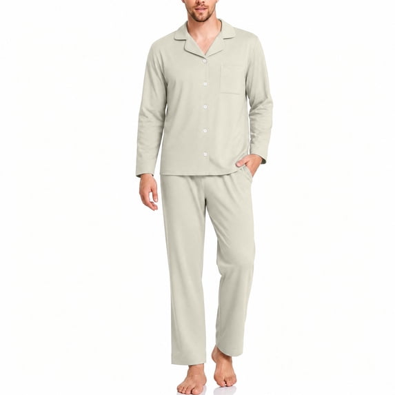 Samdudou Mens Pajamas Set Long Sleeve Button Down Sleepwear Classic Notch Collar Solid Two Piece Lounge Suit Pjs for Home Working Remote and Weekend Resting Time