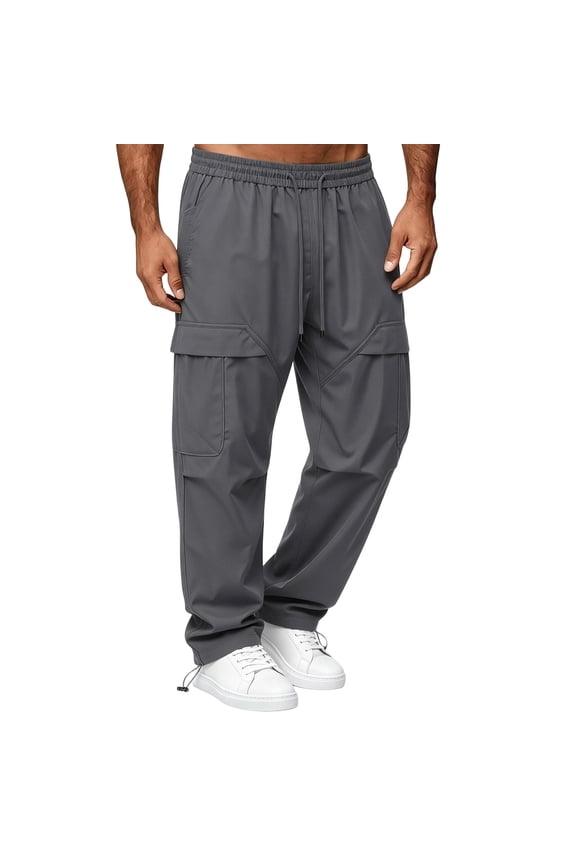 Mens Parachute Pants Casual Baggy Trousers Elastic Waist with Drawstring Flap Pockets Knee Panel Stitching Adjustable Cinch Hem Streetwear