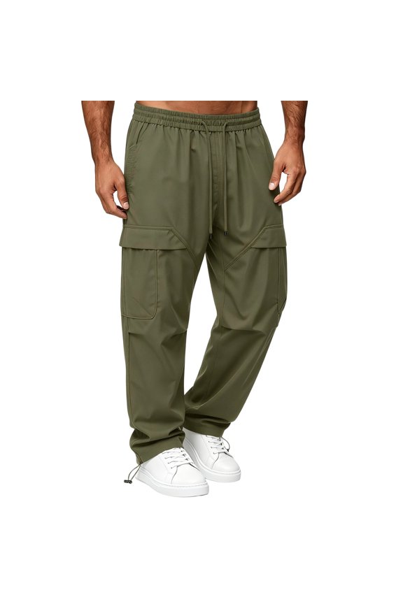 Mens Parachute Pants Casual Baggy Trousers Elastic Waist with Drawstring Flap Pockets Knee Panel Stitching Adjustable Cinch Hem Streetwear