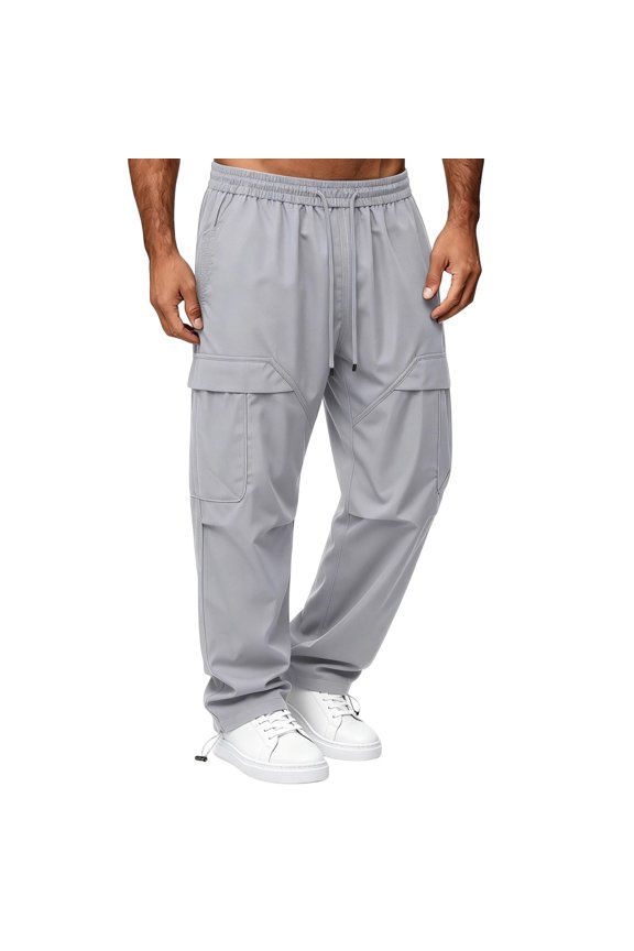 Mens Parachute Pants Casual Baggy Trousers Elastic Waist with Drawstring Flap Pockets Knee Panel Stitching Adjustable Cinch Hem Streetwear