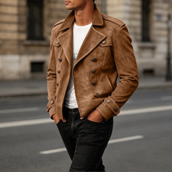Samdudou Mens Suede Jackets Vintage Faux Double Breasted Outerwear Lapel Collar Short Trench Style Windbreaker for Fall Winter Commute