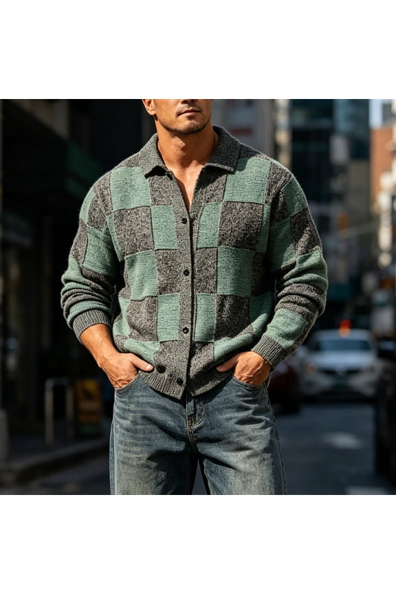 Mens Sweaters Casual Checkerboard Knit Cardigan Long Sleeve Collared Button Up Pullover Jacket Trendy Fall Winter Layering