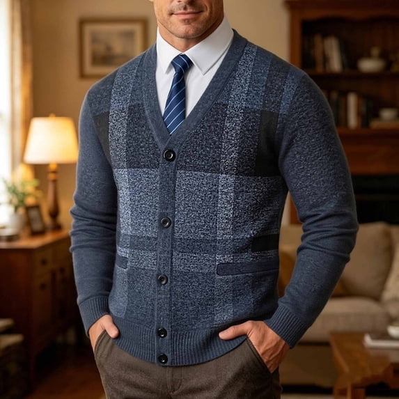 Samdudou Mens Sweaters Casual V Neck Button Down Plaid Pattern Long Sleeve Knitted Outerwear Classic Ribbed Trim Hem Fall Winter Warm Apparel for Business Work Holiday Gathering