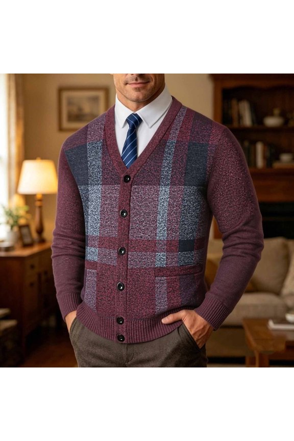 Mens Sweaters Casual V Neck Button Down Plaid Pattern Long Sleeve Knitted Outerwear Classic Ribbed Trim Hem Fall Winter Warm Apparel for Business Work Holiday Gathering