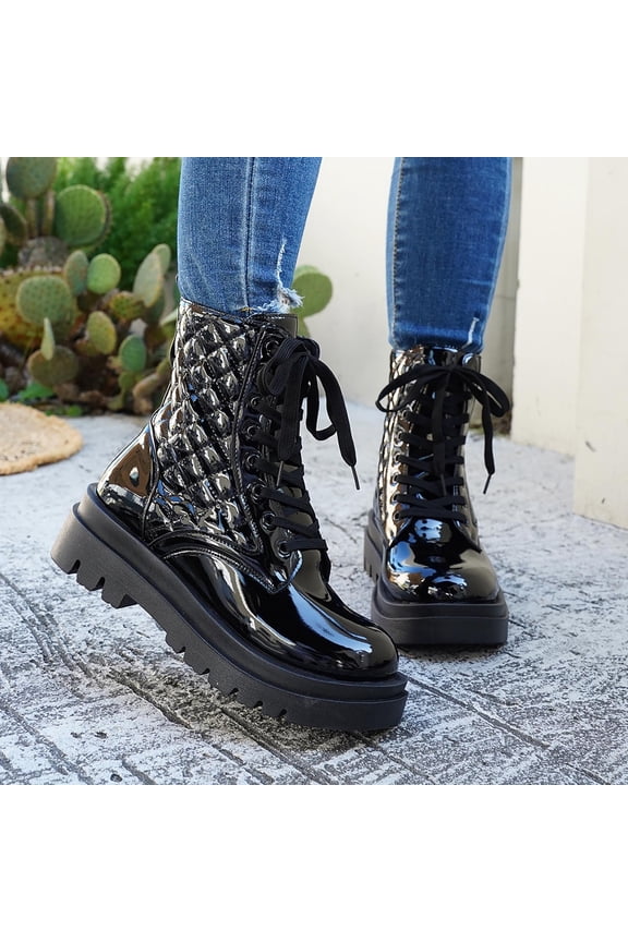 Military Boots for Women Closed Toe Ankle Booties Glossy Patent Finish Chic Quilted Pattern Texture Lace Up Front Chunky Sole Rugged Moto Biker Streetwear Shoes
