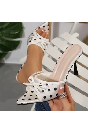 Mules for Women Open Toe Stiletto Heel Polka Dot Bow Slip On Pointed Toe Vintage Retro Pin Up Rockabilly 50S Style Burlesque Cabaret Showgirl Performance Stage Dance Shoes