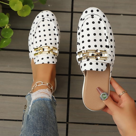 Samdudou Mules for Women Polka Dot Slip On Backless Loafers Closed Toe Flat Shoes with Metal Chain Buckle Decor for Casual Dress
