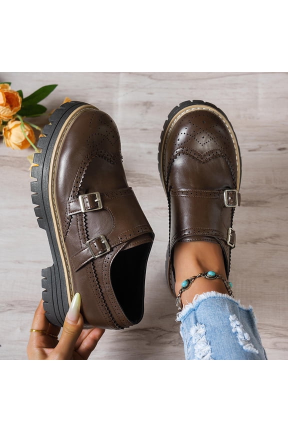 Oxfords for Women Closed Toe Dress Shoes Vintage Brogue Perforated Detailing Double Monk Buckle Straps Chunky Sole Casual Office Workwear Business Attire Footwear
