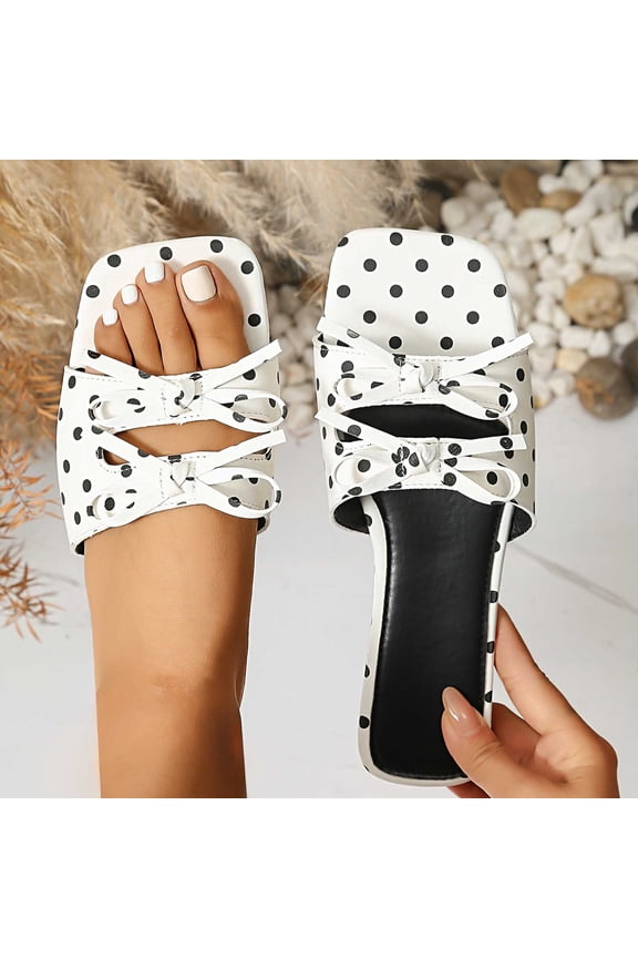 Sandals for Women Casual Summer Open Toe Slip On Slides Classic Polka Dot Pattern Double Bowknot Detail On Vamp Flat Heel Beach Vacation Outdoor Walking Footwear