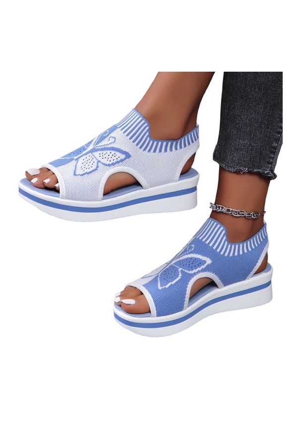 Sandals for Women Summer Slip On Open Toe Breathable Knit Mesh Upper Sock Style with Large Butterfly Graphic Thick Sole Casual Vacation Daily Footwear