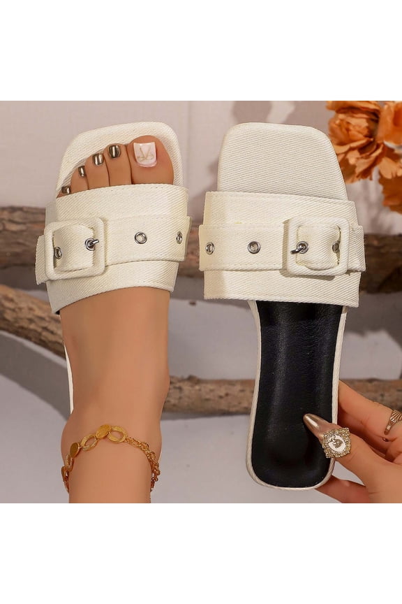 Slide Sandals for Women Open Toe Double Band Canvas Pocket Detail Elevated Sole Slip On Shopping Mall Brunch Weekend Modern Contemporary Minimalist Design City Break Shoes