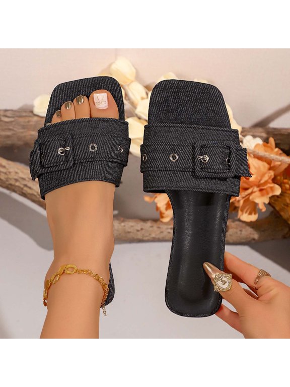 Slide Sandals for Women Open Toe Double Band Canvas Pocket Detail Elevated Sole Slip On Shopping Mall Brunch Weekend Modern Contemporary Minimalist Design City Break Shoes