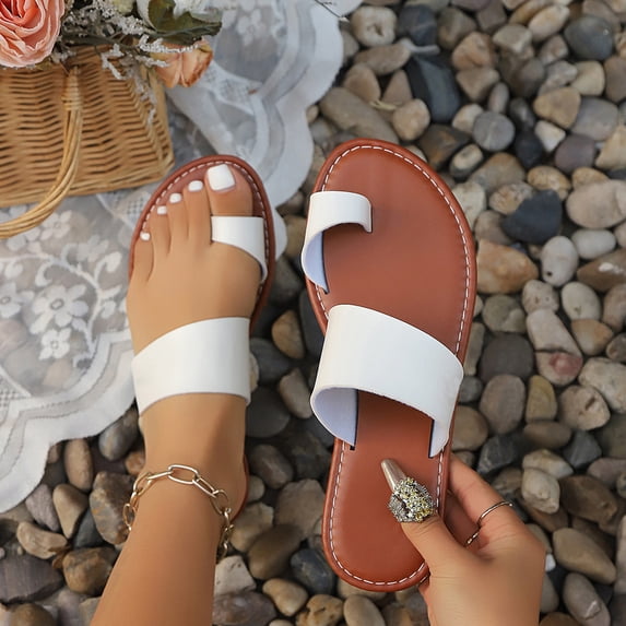 Samdudou Slide Sandals for Women Open Toe Flat Slippers Unique Asymmetrical Wide Strap Toe Ring Design Minimalist Casual Summer Beach Vacation Everyday Footwear