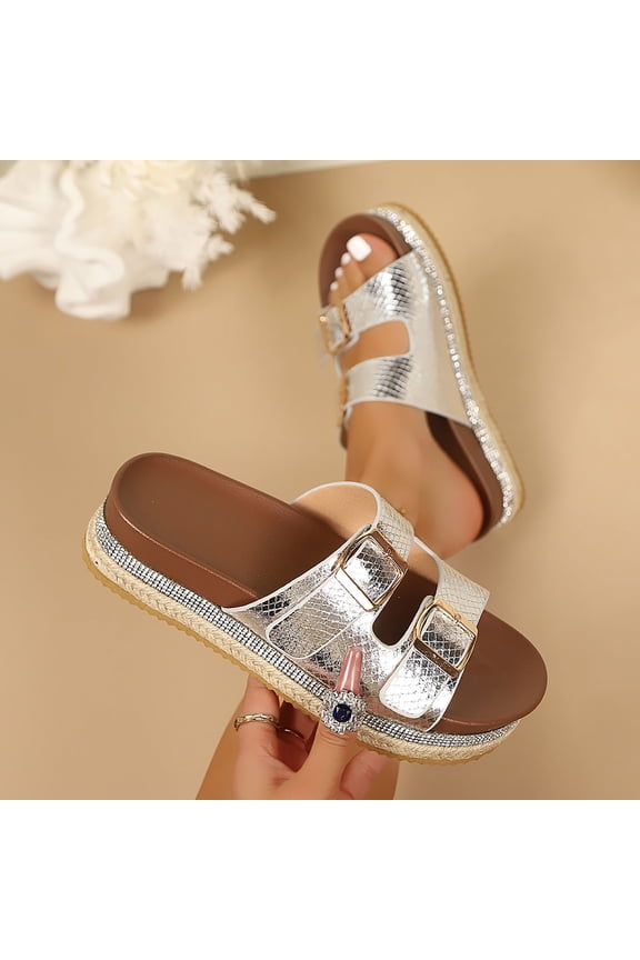 Slide Sandals for Women Open Toe Flatform Espadrille Double Buckle Straps Snakeskin Print Rhinestone Trim Slip On Casual Summer Vacation Everyday Footwear
