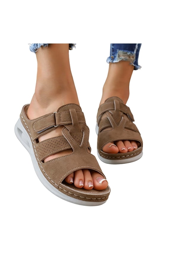 Slide Sandals for Women Open Toe Hollow Out Perforated Faux Suede Upper Adjustable Hook and Loop Strap Thick Sole Sporty Casual Slip On Outdoor Footwear